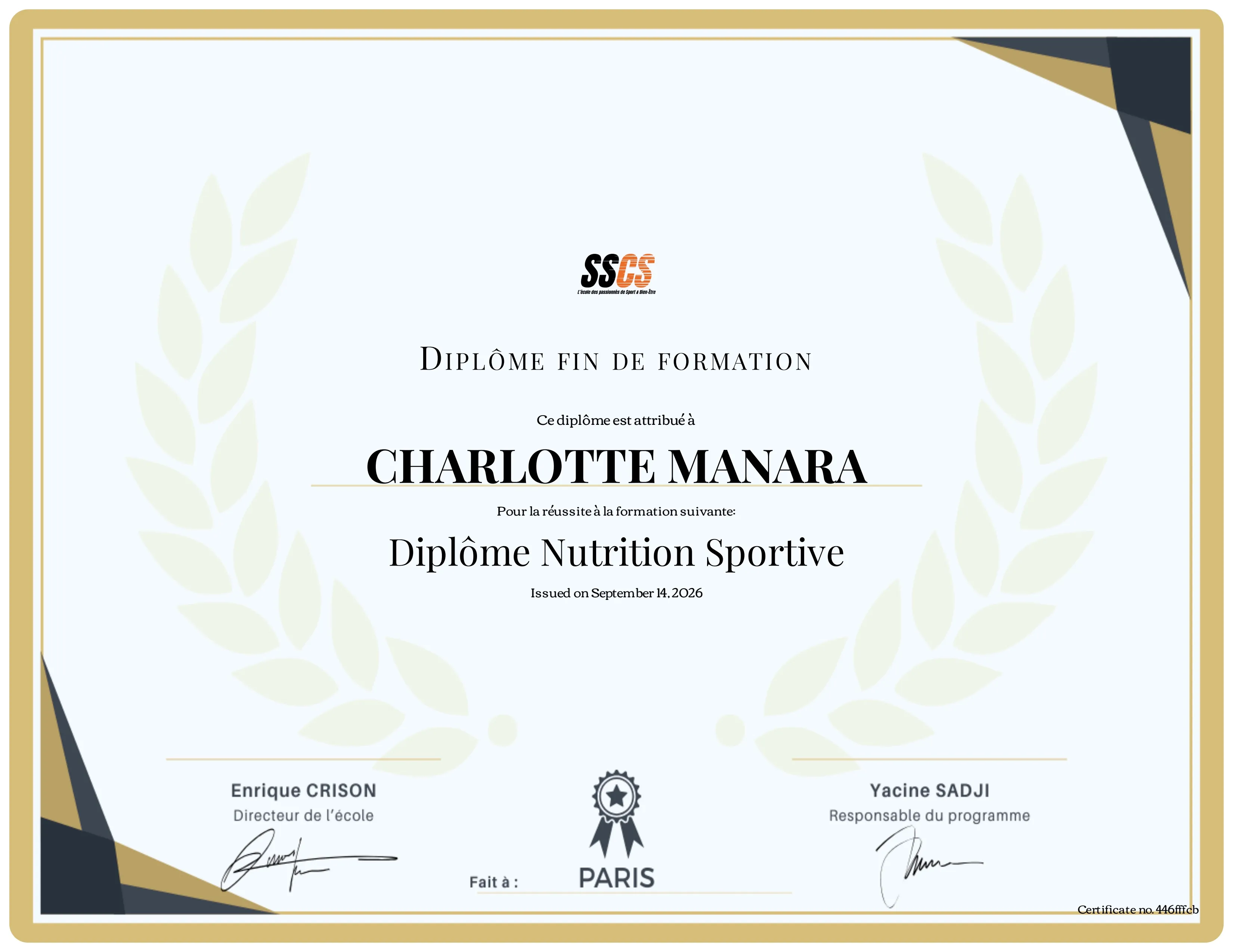 Diplôme Nutrition Sportive de Charlotte Manara